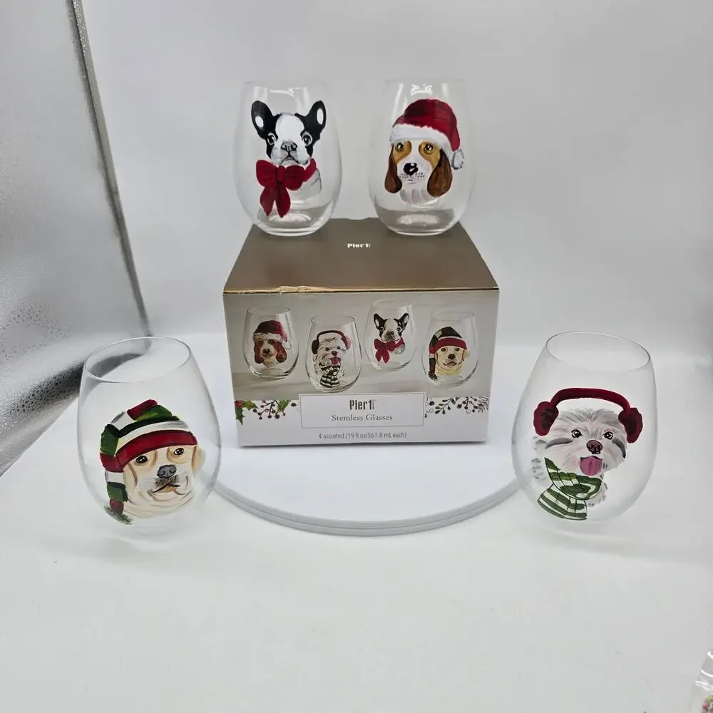 Pier 1 Hand Painted Stemless Wine Glasses Holiday Christmas Puppy Dogs Set of 4